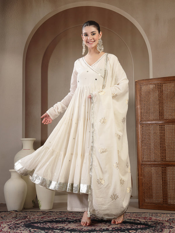 Gulmohar Jaipur Malmal Calf Length Solid Full Sleeves Anrakha Neck Anarkali Kurta Suit Set