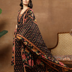 Cotton Calf Length Printed 3/4 Sleeves V-Neck Flared Kurta Suit Set