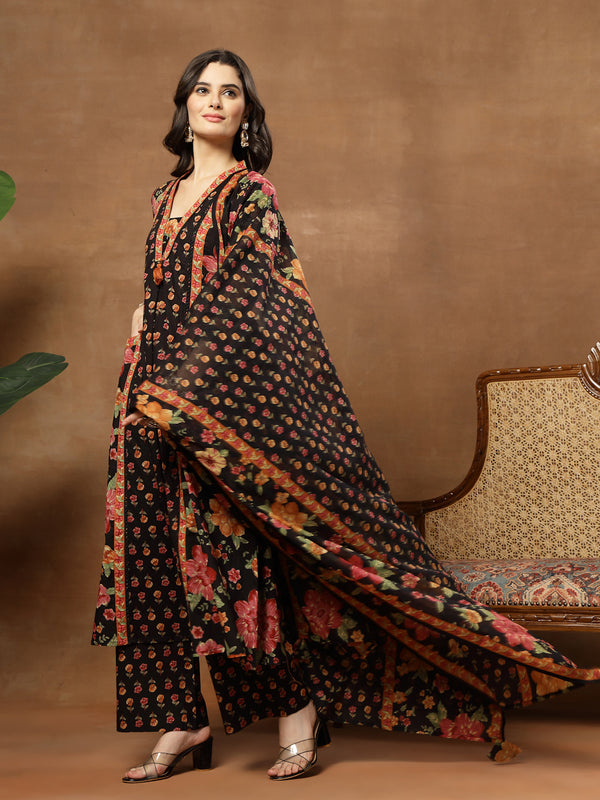 Cotton Calf Length Printed 3/4 Sleeves V-Neck Flared Kurta Suit Set