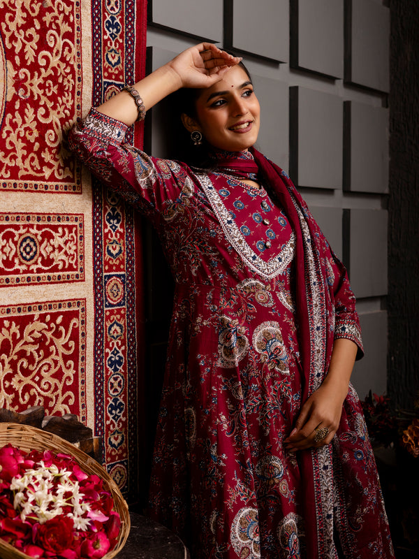 Cotton Calf Length Printed Flared V-Neck Kurta Suit Set