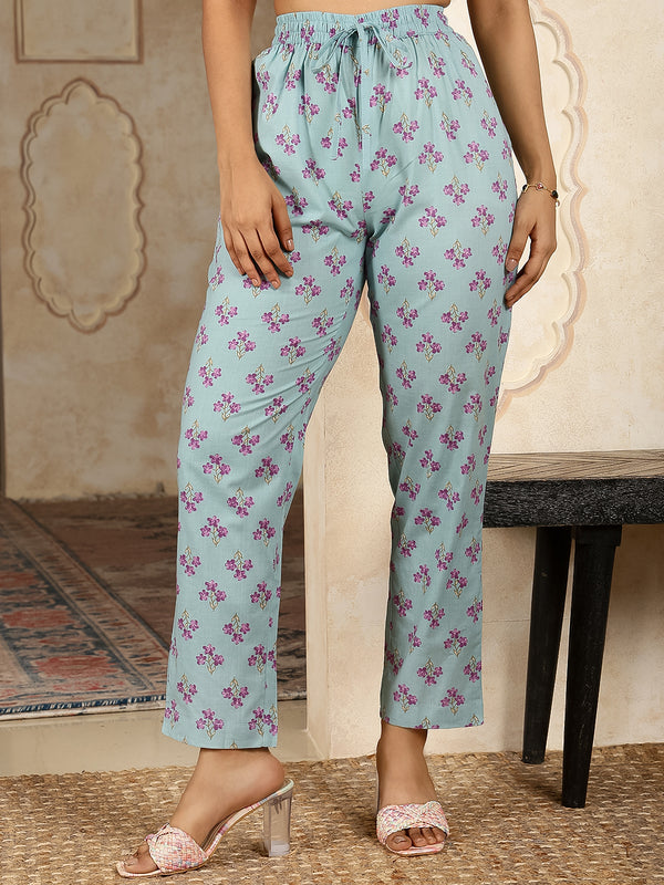Lgtblue Cotton Hip Length Printed Shirt Coller Asymmetric Kurta Pant Set