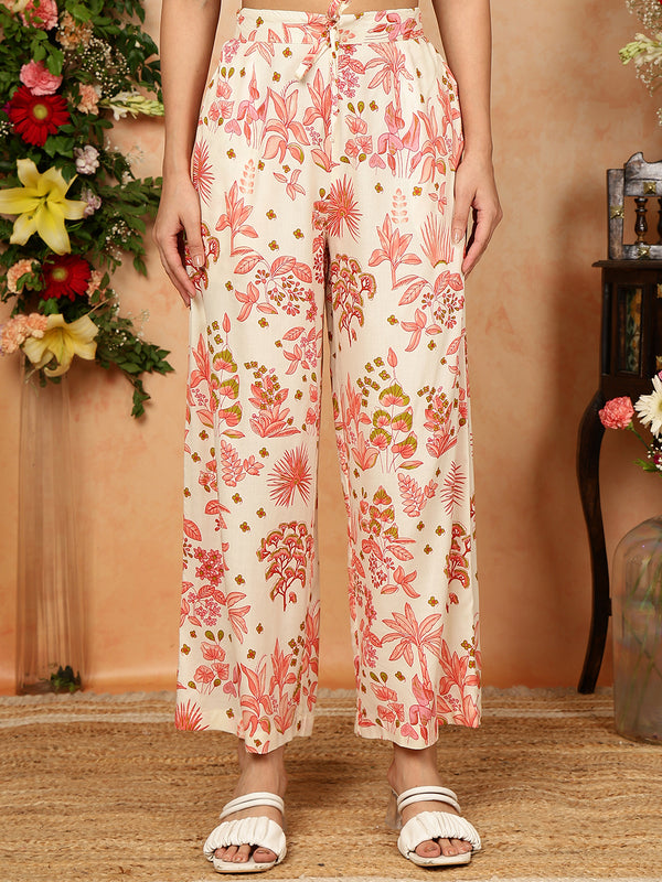 Peach Rayon Calf Length Printed Collared Straight Kurta Palazzo Set
