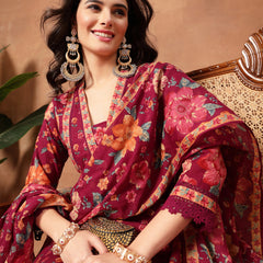 Cotton Calf Length Printed 3/4 Sleeves V-Neck Flared Kurta Suit Set