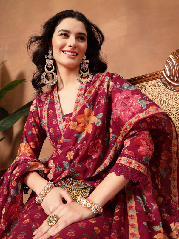 Cotton Calf Length Printed 3/4 Sleeves V-Neck Flared Kurta Suit Set