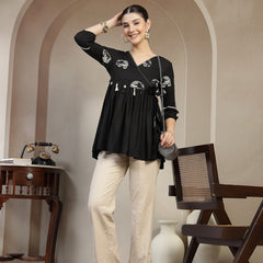 Gulmohar Jaipur Rayon Hip Length Printed 3/4 Sleeves V-Neck Flared Top