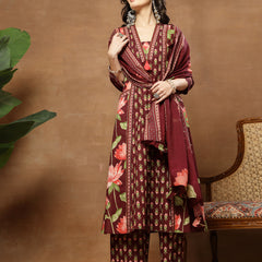 Cotton Calf Length Printed 3/4 Sleeves V-Neck Flared Kurta Suit Set