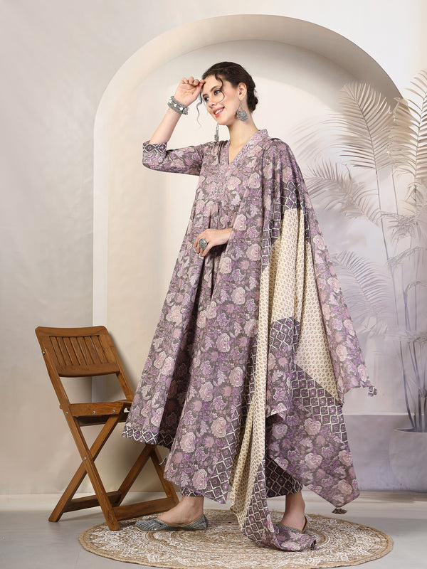 Purple Cotton Calf Length Printed V-Neck Flared Kurta Suit Set