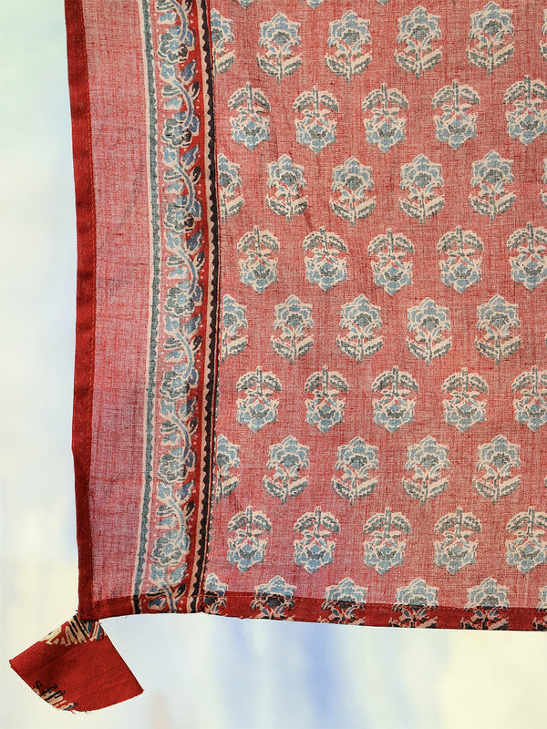 Maroon Cotton Calf Length Printed Flared V-Neck Kurta Suit Set