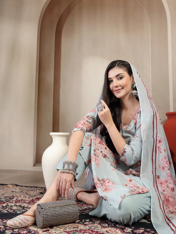 Gulmohar Jaipur Cotton Calf Length Printed 3/4 Sleeves V-Neck Straight Kurta Suit Set