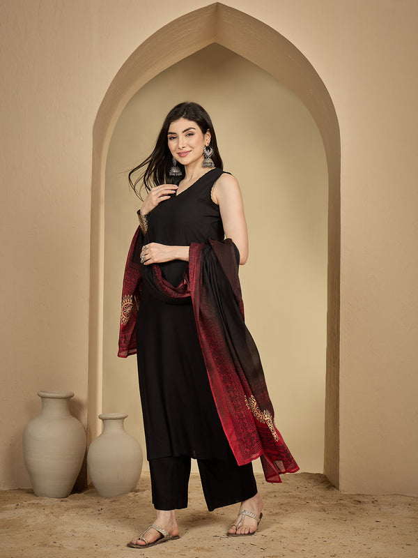 Gulmohar Jaipur Rayon Calf Length Solid Sleeveless V-Neck Straight Kurta Suit Set