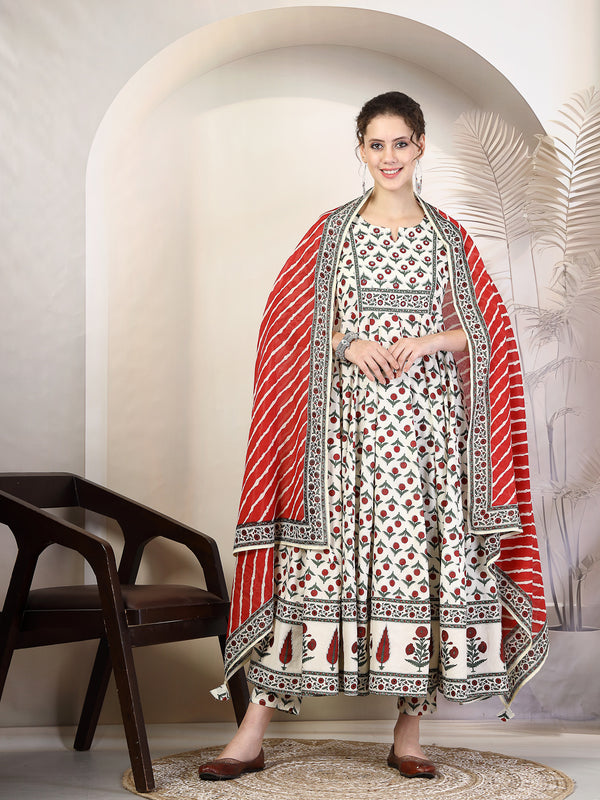 Red Cotton Calf Length Printed Round Neck Anarkali Kurta Suit Set