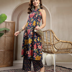 Cotton Calf Length Printed Sleeveless Round Neck Flared Kurta Suit Set