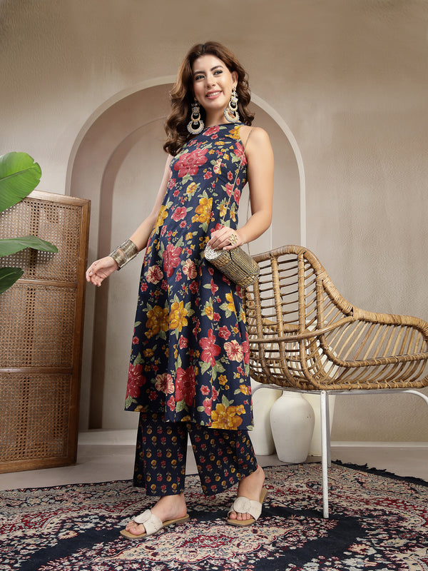 Cotton Calf Length Printed Sleeveless Round Neck Flared Kurta Suit Set