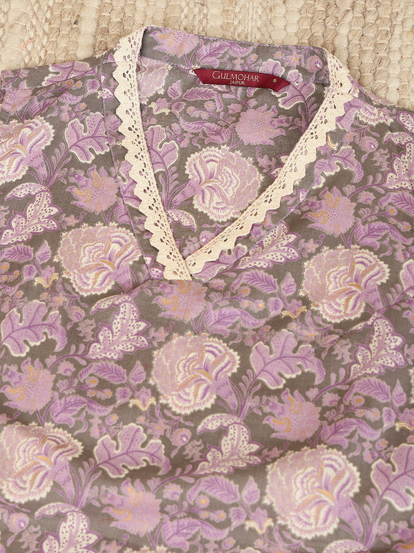 Lavender Cotton Calf Length Printed V-Neck Straight Kurta Palazzo Set