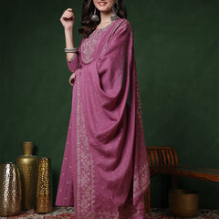 Cotton Calf Length Printed 3/4 Sleeves Round Neck Semi-Flared Kurta Suit Set