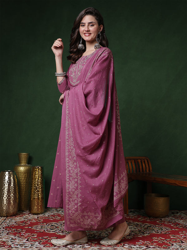 Cotton Calf Length Printed 3/4 Sleeves Round Neck Semi-Flared Kurta Suit Set