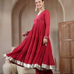 Gulmohar Jaipur Malmal Calf Length Solid Full Sleeves Anrakha Neck Anarkali Kurta Suit Set