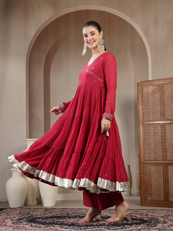 Gulmohar Jaipur Malmal Calf Length Solid Full Sleeves Anrakha Neck Anarkali Kurta Suit Set