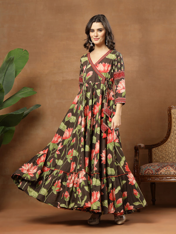 Cotton Ankle Length Printed 3/4 Sleeves V-Neck Flared Kurta