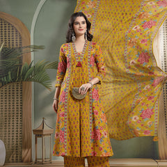 Cotton Calf Length Printed 3/4 Sleeves V-Neck Flared Kurta Suit Set