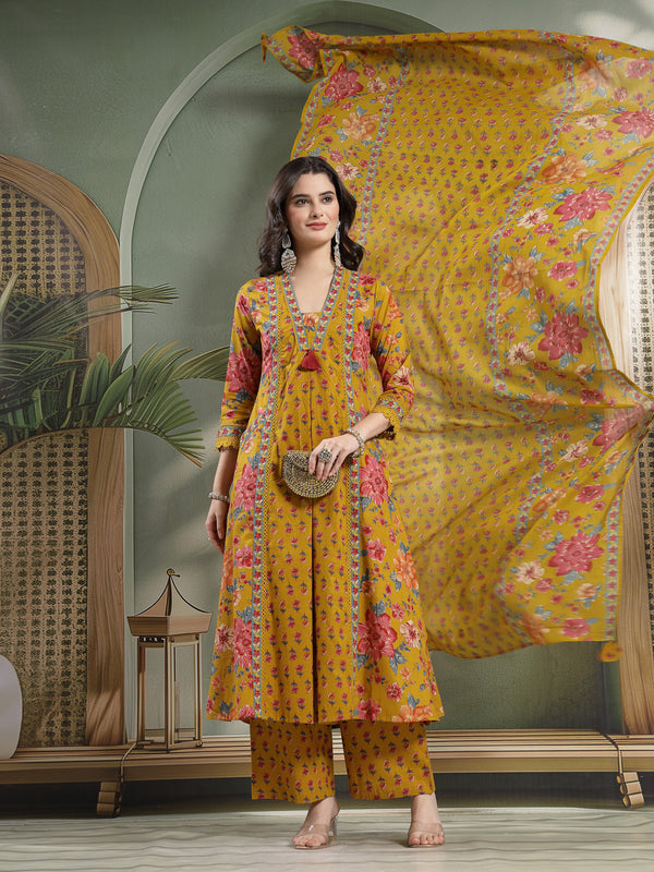 Cotton Calf Length Printed 3/4 Sleeves V-Neck Flared Kurta Suit Set