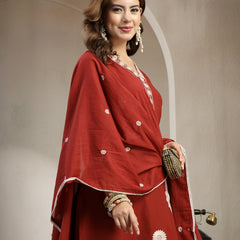 Cotton Calf Length Solid 3/4 Sleeve V-Neck Straight Kurta Suit Set