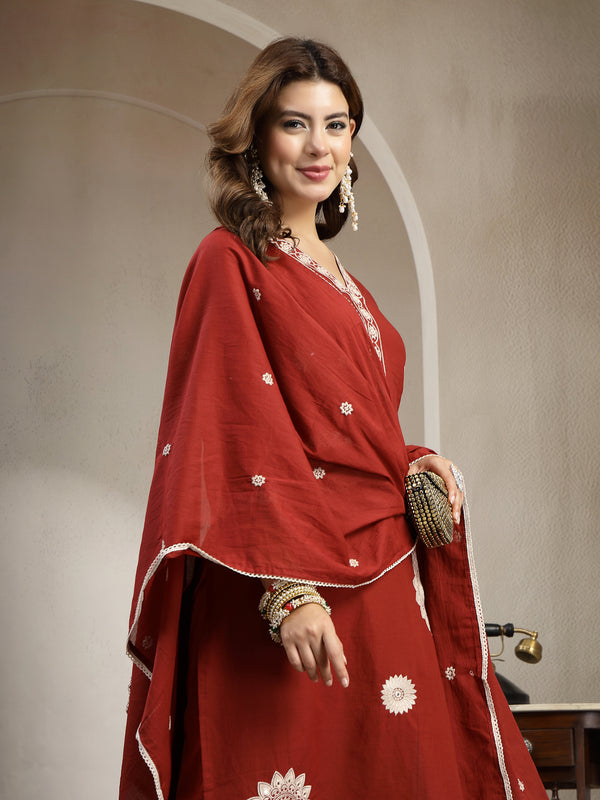 Cotton Calf Length Solid 3/4 Sleeve V-Neck Straight Kurta Suit Set