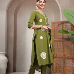 Cotton Calf Length Solid 3/4 Sleeve V-Neck Straight Kurta Suit Set