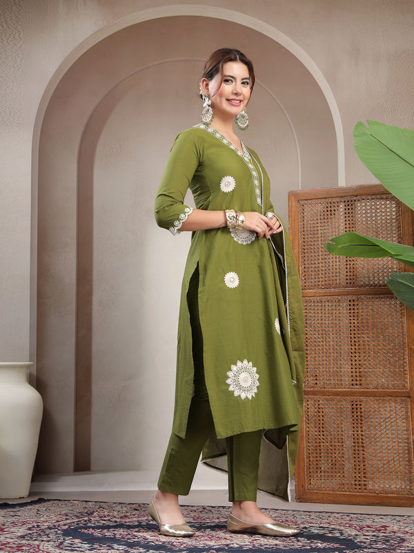 Cotton Calf Length Solid 3/4 Sleeve V-Neck Straight Kurta Suit Set