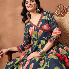 Cotton Ankle Length Printed 3/4 Sleeves V-Neck Flared Kurta