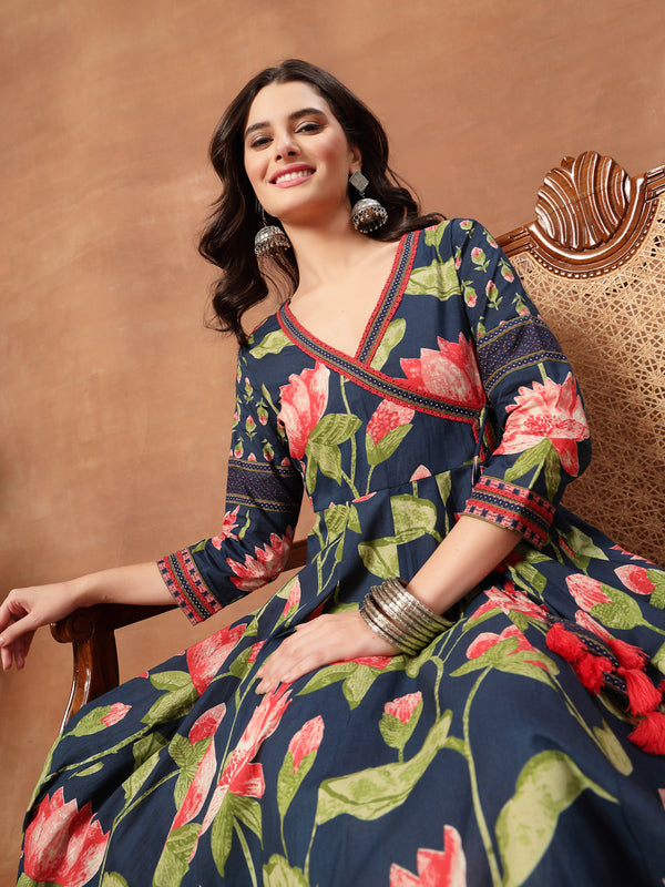 Cotton Ankle Length Printed 3/4 Sleeves V-Neck Flared Kurta