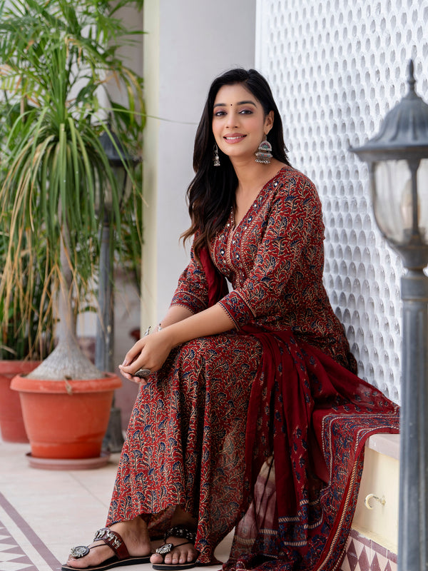 Maroon Cotton Calf Length Printed V-Neck Anarkali Kurta Suit Set