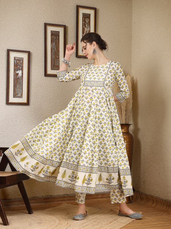 Lemon Cotton Calf Length Printed Round Neck Anarkali Kurta Suit Set