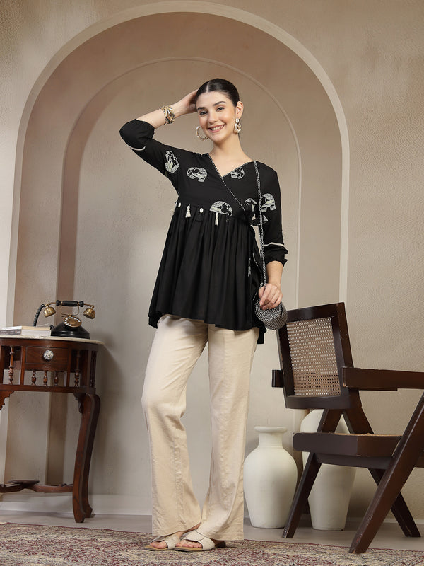 Gulmohar Jaipur Rayon Hip Length Printed 3/4 Sleeves V-Neck Flared Top