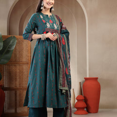 Gulmohar Jaipur Rayon Calf Length Printed 3/4 Sleeves Round Neck A-Line Kurta Suit Set