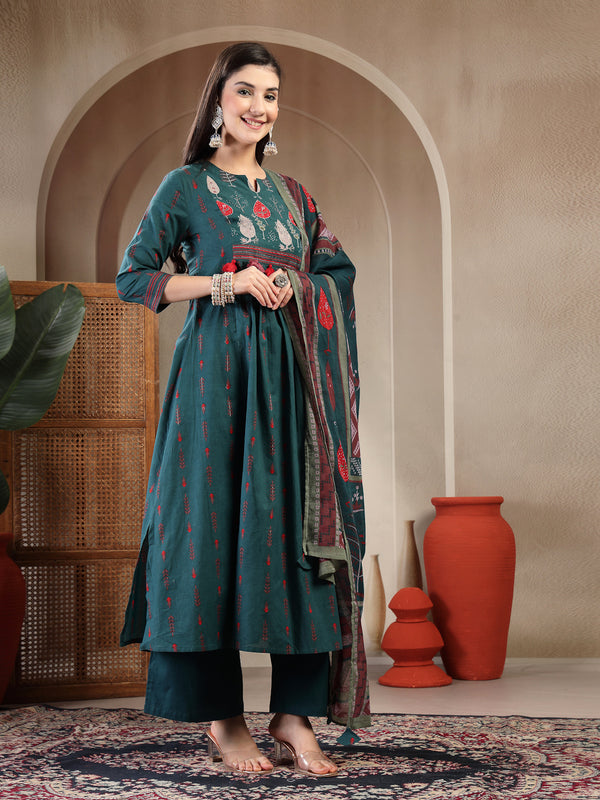 Gulmohar Jaipur Rayon Calf Length Printed 3/4 Sleeves Round Neck A-Line Kurta Suit Set