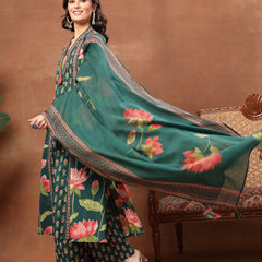 Cotton Calf Length Printed 3/4 Sleeves V-Neck Flared Kurta Suit Set