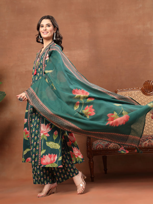 Cotton Calf Length Printed 3/4 Sleeves V-Neck Flared Kurta Suit Set