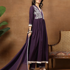 Cotton Calf Length Solid 3/4 Sleeves V-Neck Flared Kurta Suit Set