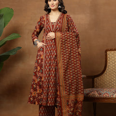 Cotton Calf Length Printed 3/4 Sleeves V-Neck Flared Kurta Suit Set