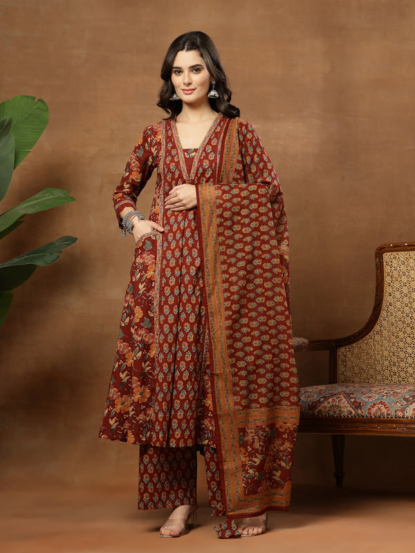 Cotton Calf Length Printed 3/4 Sleeves V-Neck Flared Kurta Suit Set