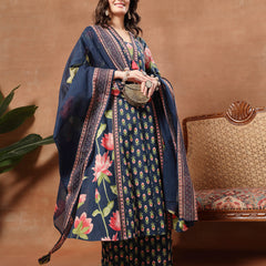 Cotton Calf Length Printed 3/4 Sleeves V-Neck Flared Kurta Suit Set