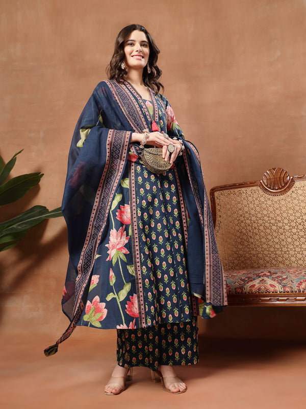 Cotton Calf Length Printed 3/4 Sleeves V-Neck Flared Kurta Suit Set