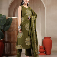 Gulmohar Jaipur Cotton Calf Length Printed Sleeveless Round Neck Straight Kurta Suit Set