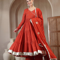 Gulmohar Jaipur Malmal Calf Length Solid Full Sleeves Anrakha Neck Anarkali Kurta Suit Set