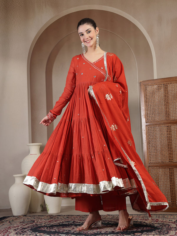 Gulmohar Jaipur Malmal Calf Length Solid Full Sleeves Anrakha Neck Anarkali Kurta Suit Set