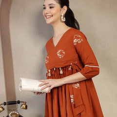 Gulmohar Jaipur Rayon Hip Length Printed 3/4 Sleeves V-Neck Flared Top