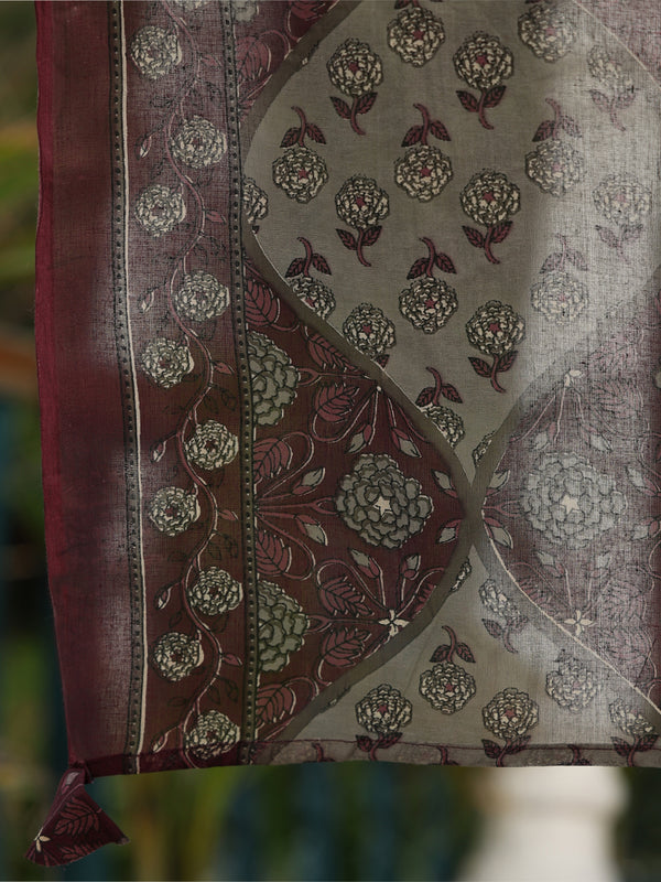 Wine Cotton Calf Length Printed Anarkali V-Neck Kurta Suit Set