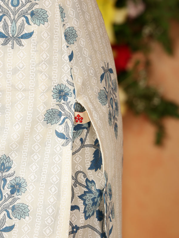 Blue Cotton Calf Length Printed Collared Straight Kurta Palazzo Set