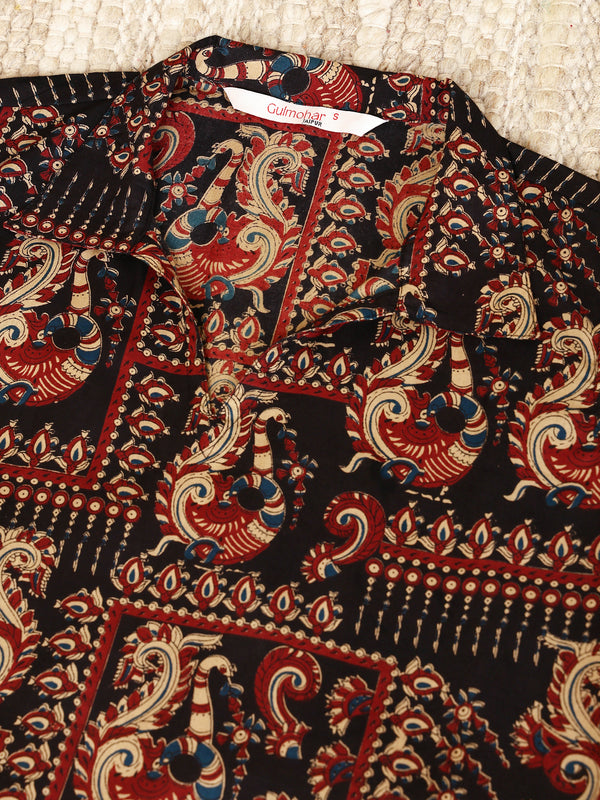 Black Rayon Calf Length Printed Shirt Coller A-Line Kurta